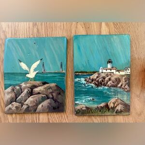 Set of vintage coastal original paintings. Lighthouse, seagulls. Massachusetts.
